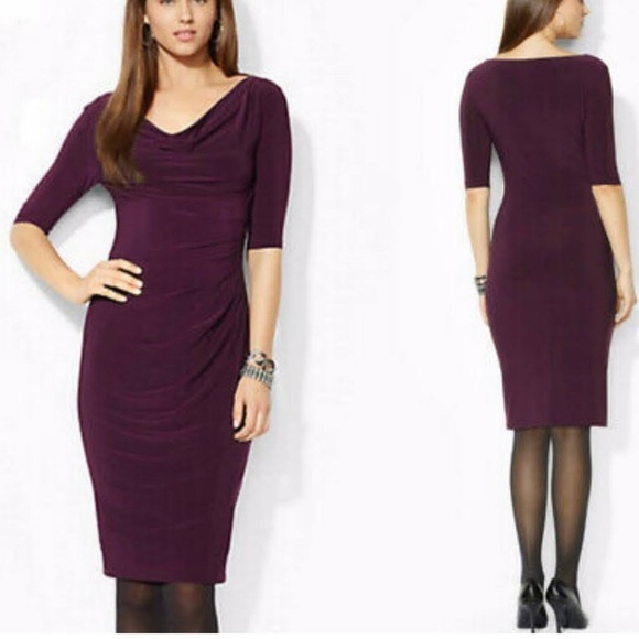 NWOT Lauren Ralph Lauren Womens Cowl Neck Drape Dress Elbow Sleeve Purple Size 8 - Picture 1 of 10